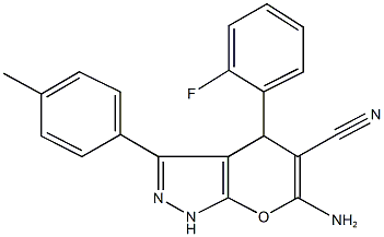 6-amino-4-(2-fluorophenyl)-3-(4-methylphenyl)-1,4-dihydropyrano[2,3-c]pyrazole-5-carbonitrile 结构式