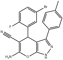 6-amino-4-(5-bromo-2-fluorophenyl)-3-(4-methylphenyl)-1,4-dihydropyrano[2,3-c]pyrazole-5-carbonitrile Struktur