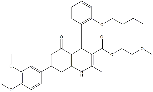 2-methoxyethyl 4-(2-butoxyphenyl)-7-(3,4-dimethoxyphenyl)-2-methyl-5-oxo-1,4,5,6,7,8-hexahydro-3-quinolinecarboxylate Struktur