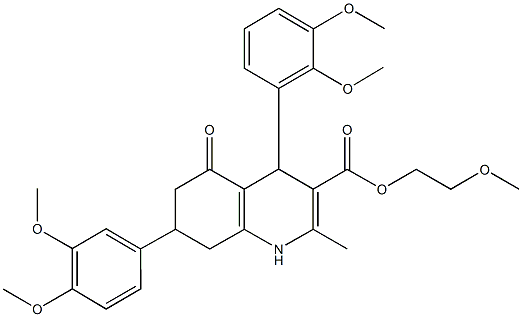 2-methoxyethyl 4-(2,3-dimethoxyphenyl)-7-(3,4-dimethoxyphenyl)-2-methyl-5-oxo-1,4,5,6,7,8-hexahydro-3-quinolinecarboxylate 化学構造式