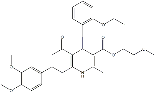 2-methoxyethyl 7-(3,4-dimethoxyphenyl)-4-(2-ethoxyphenyl)-2-methyl-5-oxo-1,4,5,6,7,8-hexahydro-3-quinolinecarboxylate 结构式