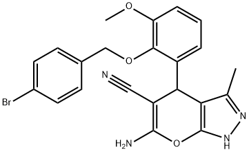 6-amino-4-{2-[(4-bromobenzyl)oxy]-3-methoxyphenyl}-3-methyl-1,4-dihydropyrano[2,3-c]pyrazole-5-carbonitrile 结构式