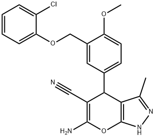 6-amino-4-{3-[(2-chlorophenoxy)methyl]-4-methoxyphenyl}-3-methyl-1,4-dihydropyrano[2,3-c]pyrazole-5-carbonitrile,421573-72-0,结构式