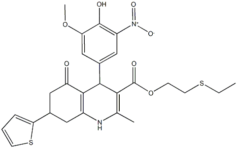2-(ethylsulfanyl)ethyl 4-{4-hydroxy-3-nitro-5-methoxyphenyl}-2-methyl-5-oxo-7-(2-thienyl)-1,4,5,6,7,8-hexahydro-3-quinolinecarboxylate 结构式