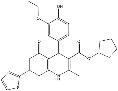 cyclopentyl 4-(3-ethoxy-4-hydroxyphenyl)-2-methyl-5-oxo-7-(2-thienyl)-1,4,5,6,7,8-hexahydro-3-quinolinecarboxylate 结构式