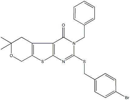 3-benzyl-2-[(4-bromobenzyl)sulfanyl]-6,6-dimethyl-3,5,6,8-tetrahydro-4H-pyrano[4',3':4,5]thieno[2,3-d]pyrimidin-4-one Struktur