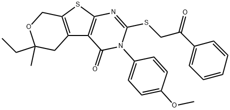 6-ethyl-3-(4-methoxyphenyl)-6-methyl-2-[(2-oxo-2-phenylethyl)sulfanyl]-3,5,6,8-tetrahydro-4H-pyrano[4',3':4,5]thieno[2,3-d]pyrimidin-4-one Struktur