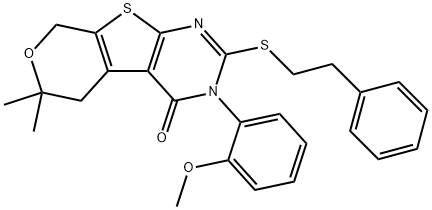 3-(2-methoxyphenyl)-6,6-dimethyl-2-[(2-phenylethyl)sulfanyl]-3,5,6,8-tetrahydro-4H-pyrano[4',3':4,5]thieno[2,3-d]pyrimidin-4-one Structure