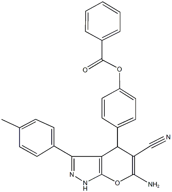 4-[6-amino-5-cyano-3-(4-methylphenyl)-1,4-dihydropyrano[2,3-c]pyrazol-4-yl]phenyl benzoate 化学構造式