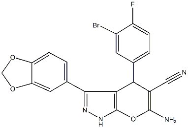 6-amino-3-(1,3-benzodioxol-5-yl)-4-(3-bromo-4-fluorophenyl)-1,4-dihydropyrano[2,3-c]pyrazole-5-carbonitrile 结构式