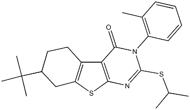 7-tert-butyl-2-(isopropylsulfanyl)-3-(2-methylphenyl)-5,6,7,8-tetrahydro[1]benzothieno[2,3-d]pyrimidin-4(3H)-one,421576-97-8,结构式