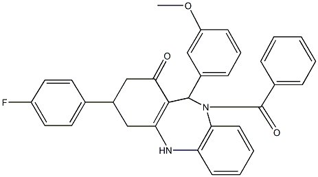 10-benzoyl-3-(4-fluorophenyl)-11-(3-methoxyphenyl)-2,3,4,5,10,11-hexahydro-1H-dibenzo[b,e][1,4]diazepin-1-one,421585-30-0,结构式