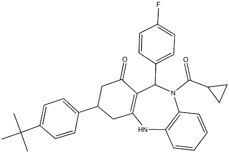 3-(4-tert-butylphenyl)-10-(cyclopropylcarbonyl)-11-(4-fluorophenyl)-2,3,4,5,10,11-hexahydro-1H-dibenzo[b,e][1,4]diazepin-1-one 结构式
