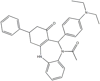 10-acetyl-11-[4-(diethylamino)phenyl]-3-phenyl-2,3,4,5,10,11-hexahydro-1H-dibenzo[b,e][1,4]diazepin-1-one Struktur