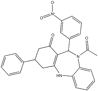 10-acetyl-11-{3-nitrophenyl}-3-phenyl-2,3,4,5,10,11-hexahydro-1H-dibenzo[b,e][1,4]diazepin-1-one 化学構造式