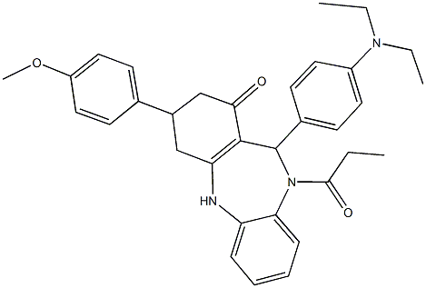 11-[4-(diethylamino)phenyl]-3-(4-methoxyphenyl)-10-propionyl-2,3,4,5,10,11-hexahydro-1H-dibenzo[b,e][1,4]diazepin-1-one,424807-54-5,结构式