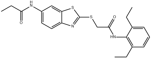 N-(2-{[2-(2,6-diethylanilino)-2-oxoethyl]sulfanyl}-1,3-benzothiazol-6-yl)propanamide Struktur