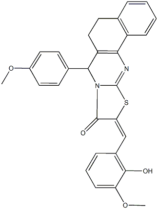 10-(2-hydroxy-3-methoxybenzylidene)-7-(4-methoxyphenyl)-5,7-dihydro-6H-benzo[h][1,3]thiazolo[2,3-b]quinazolin-9(10H)-one 化学構造式