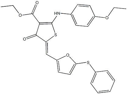 ethyl 2-(4-ethoxyanilino)-4-oxo-5-{[5-(phenylsulfanyl)-2-furyl]methylene}-4,5-dihydro-3-thiophenecarboxylate,425658-33-9,结构式