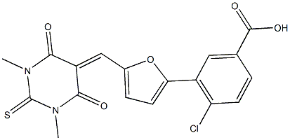 4-chloro-3-{5-[(1,3-dimethyl-4,6-dioxo-2-thioxotetrahydro-5(2H)-pyrimidinylidene)methyl]-2-furyl}benzoic acid Structure