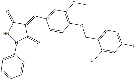 4-{4-[(2-chloro-4-fluorobenzyl)oxy]-3-methoxybenzylidene}-1-phenyl-3,5-pyrazolidinedione Struktur