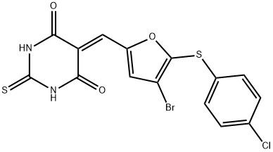5-({4-bromo-5-[(4-chlorophenyl)sulfanyl]-2-furyl}methylene)-2-thioxodihydro-4,6(1H,5H)-pyrimidinedione 化学構造式
