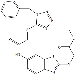 methyl {[6-({[(1-benzyl-1H-tetraazol-5-yl)sulfanyl]acetyl}amino)-1,3-benzothiazol-2-yl]sulfanyl}acetate Structure