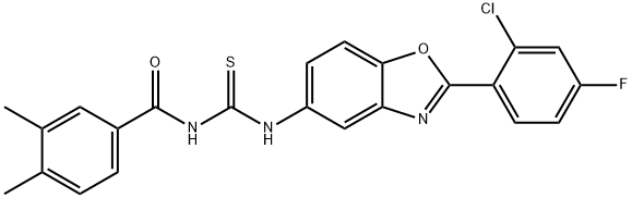 N-[2-(2-chloro-4-fluorophenyl)-1,3-benzoxazol-5-yl]-N'-(3,4-dimethylbenzoyl)thiourea 化学構造式