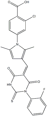 2-chloro-4-{3-[(1-(2-fluorophenyl)-4,6-dioxo-2-thioxotetrahydro-5(2H)-pyrimidinylidene)methyl]-2,5-dimethyl-1H-pyrrol-1-yl}benzoic acid Structure