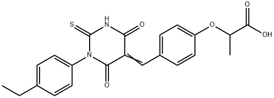 2-{4-[(1-(4-ethylphenyl)-4,6-dioxo-2-thioxotetrahydro-5(2H)-pyrimidinylidene)methyl]phenoxy}propanoic acid Struktur