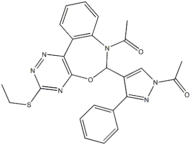 7-acetyl-6-(1-acetyl-3-phenyl-1H-pyrazol-4-yl)-3-(ethylsulfanyl)-6,7-dihydro[1,2,4]triazino[5,6-d][3,1]benzoxazepine Struktur