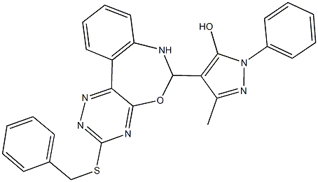 4-[3-(benzylsulfanyl)-6,7-dihydro[1,2,4]triazino[5,6-d][3,1]benzoxazepin-6-yl]-3-methyl-1-phenyl-1H-pyrazol-5-ol Struktur