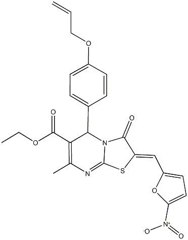 ethyl 5-[4-(allyloxy)phenyl]-2-({5-nitro-2-furyl}methylene)-7-methyl-3-oxo-2,3-dihydro-5H-[1,3]thiazolo[3,2-a]pyrimidine-6-carboxylate 化学構造式