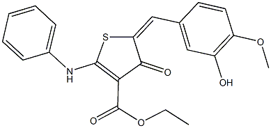 ethyl 2-anilino-5-(3-hydroxy-4-methoxybenzylidene)-4-oxo-4,5-dihydro-3-thiophenecarboxylate 化学構造式