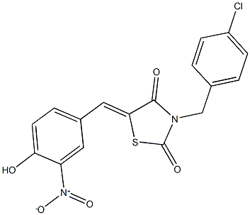 3-(4-chlorobenzyl)-5-{4-hydroxy-3-nitrobenzylidene}-1,3-thiazolidine-2,4-dione Struktur