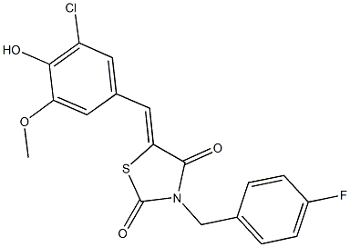 5-(3-chloro-4-hydroxy-5-methoxybenzylidene)-3-(4-fluorobenzyl)-1,3-thiazolidine-2,4-dione 化学構造式