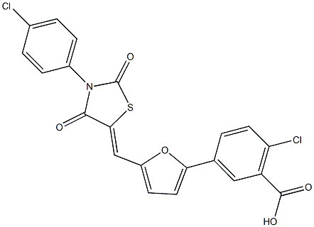 2-chloro-5-(5-{[3-(4-chlorophenyl)-2,4-dioxo-1,3-thiazolidin-5-ylidene]methyl}-2-furyl)benzoic acid 结构式