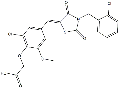 (2-chloro-4-{[3-(2-chlorobenzyl)-2,4-dioxo-1,3-thiazolidin-5-ylidene]methyl}-6-methoxyphenoxy)acetic acid 结构式