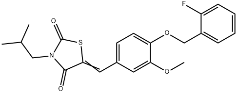 5-{4-[(2-fluorobenzyl)oxy]-3-methoxybenzylidene}-3-isobutyl-1,3-thiazolidine-2,4-dione 化学構造式