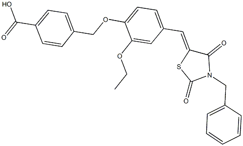 4-({4-[(3-benzyl-2,4-dioxo-1,3-thiazolidin-5-ylidene)methyl]-2-ethoxyphenoxy}methyl)benzoic acid Struktur