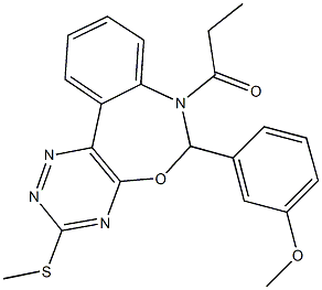 6-(3-methoxyphenyl)-3-(methylsulfanyl)-7-propionyl-6,7-dihydro[1,2,4]triazino[5,6-d][3,1]benzoxazepine Struktur