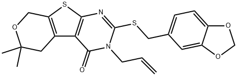 3-allyl-2-[(1,3-benzodioxol-5-ylmethyl)sulfanyl]-6,6-dimethyl-3,5,6,8-tetrahydro-4H-pyrano[4',3':4,5]thieno[2,3-d]pyrimidin-4-one 化学構造式
