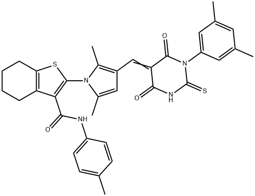 2-{3-[(1-(3,5-dimethylphenyl)-4,6-dioxo-2-thioxotetrahydro-5(2H)-pyrimidinylidene)methyl]-2,5-dimethyl-1H-pyrrol-1-yl}-N-(4-methylphenyl)-4,5,6,7-tetrahydro-1-benzothiophene-3-carboxamide,431064-35-6,结构式