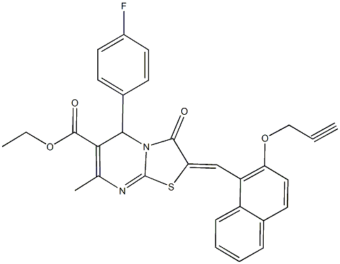 ethyl 5-(4-fluorophenyl)-7-methyl-3-oxo-2-{[2-(2-propynyloxy)-1-naphthyl]methylene}-2,3-dihydro-5H-[1,3]thiazolo[3,2-a]pyrimidine-6-carboxylate Struktur