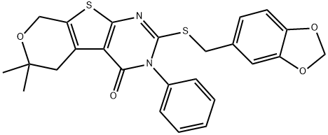 2-[(1,3-benzodioxol-5-ylmethyl)sulfanyl]-6,6-dimethyl-3-phenyl-3,5,6,8-tetrahydro-4H-pyrano[4',3':4,5]thieno[2,3-d]pyrimidin-4-one Struktur