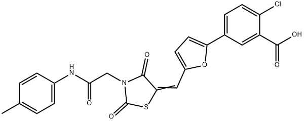 2-chloro-5-[5-({2,4-dioxo-3-[2-oxo-2-(4-toluidino)ethyl]-1,3-thiazolidin-5-ylidene}methyl)-2-furyl]benzoic acid 化学構造式