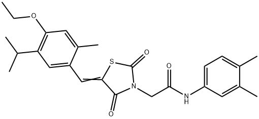 N-(3,4-dimethylphenyl)-2-[5-(4-ethoxy-5-isopropyl-2-methylbenzylidene)-2,4-dioxo-1,3-thiazolidin-3-yl]acetamide 化学構造式