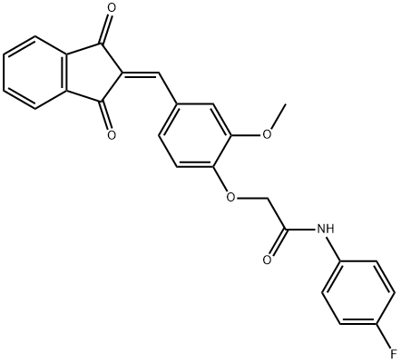 2-{4-[(1,3-dioxo-1,3-dihydro-2H-inden-2-ylidene)methyl]-2-methoxyphenoxy}-N-(4-fluorophenyl)acetamide 化学構造式