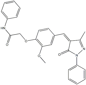 2-{2-methoxy-4-[(3-methyl-5-oxo-1-phenyl-1,5-dihydro-4H-pyrazol-4-ylidene)methyl]phenoxy}-N-phenylacetamide Struktur