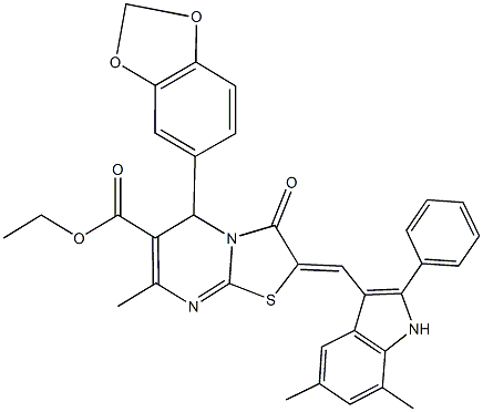 ethyl 5-(1,3-benzodioxol-5-yl)-2-[(5,7-dimethyl-2-phenyl-1H-indol-3-yl)methylene]-7-methyl-3-oxo-2,3-dihydro-5H-[1,3]thiazolo[3,2-a]pyrimidine-6-carboxylate,432022-68-9,结构式